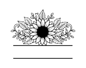 Monograma de girasol SVG PNG: Marco floral dividido, diseño para camisetas, flor rústica, arte de jardín, archivos de corte, SVG, PNG, descarga instantánea