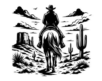 Cowboy Rider SVG PNG, Western Horse Desert Scene, Ranch Life Cut File, Country Cowboy Clipart,  Silhouette Design, Instant Download