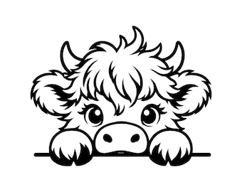 Vaca de las Tierras Altas asomando SVG, PNG: Decoración infantil, Animal bonito, Arte rural, Regalo de granjero, Diseño de camiseta, Archivo recortado, Descarga instantánea