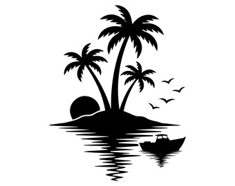 Arquivo de corte em SVG e PNG com palmeiras, tema ilha tropical, reflexo no oceano, design para camiseta com vibe de verão na praia, download instantâneo para Cricut e Silhouette.