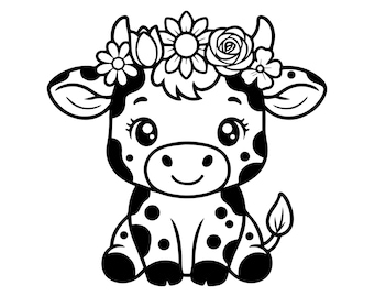 Icono de vaca y flor SVG, PNG: linda silueta de animal de granja, decoración de corral para guardería, archivo de corte Cricut Silhouettes, descarga instantánea