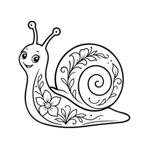 Puede incluir: Una ilustración de arte lineal en blanco y negro de un caracol. El caracol presenta una concha circular grande decorada con intrincados patrones florales y de hojas. El cuerpo del caracol también muestra un diseño floral con hojas y tallos.