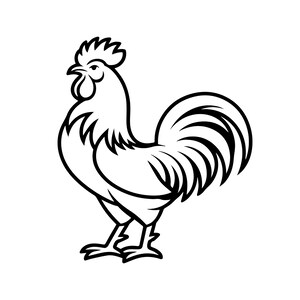 Puede incluir: Ilustración en blanco y negro de un gallo de perfil. El gallo tiene una cresta y una barbilla detalladas, así como una gran cola curvada. La imagen es un diseño gráfico limpio, adecuado para diversas aplicaciones.