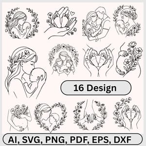 Moeder en kind bloemen SVG-bundel, moeder baby knuffels, ontwerp pasgeboren hart (digitale download)