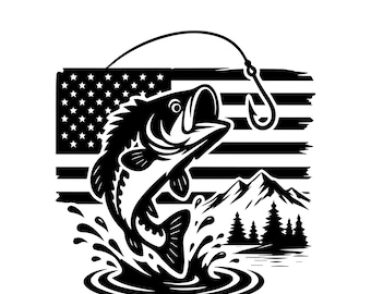 Bass Fishing SVG PNG, American Flag Largemouth Bass Design, Jumping Fish Cut File,  USA Fishing Shirt,  Instant Download