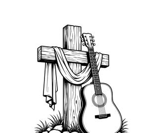 Guitar Cross SVG, Cross with Drape PNG, Christian Guitar Design, Faith Cut File, Religious Art for Cricut, Silhouette, Instant Download