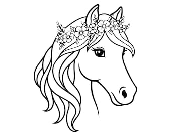 Icono de caballo con flores SVG, PNG: elegante contorno de crin floral, decoración para habitación infantil ecuestre, archivo de corte para Cricut Silhouettes, descarga instantánea.