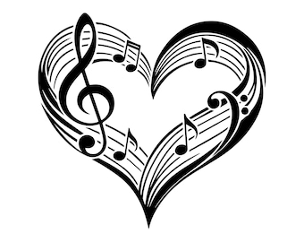Nota musical de corazón SVG, PNG, melodía, pentagrama agudo, ritmo, armonía romántica, archivo de corte para camiseta de amante de la canción, Cricut, silueta