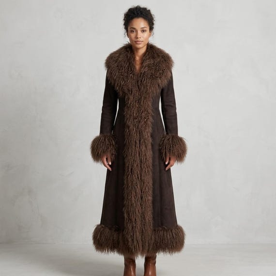 Penny Lane Brown Long Coat Women | 70s Afghan Boho Shearling Coat | Full Length Suede Leather Faux Fur Coat