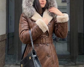 Women’s Brown Sheepskin Leather Coat with Faux Fur Hood | Shearling Lined Winter Trench Jacket | Handmade Long Belted Coat | Gift for her