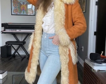 Women Tan Vintage Penny Lane Coat - Long Shearling Fur Coat | 70s Style Afghan Suede Coat