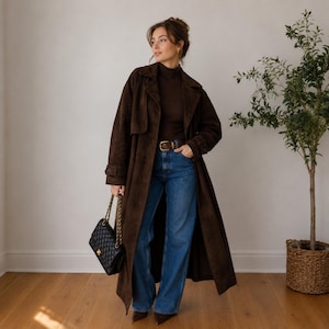 May include: A long dark brown suede trench coat worn over a dark brown mock neck top and blue denim jeans. The outfit includes a brown leather belt with a gold buckle and a black quilted leather handbag with a gold chain strap and gold logo.
