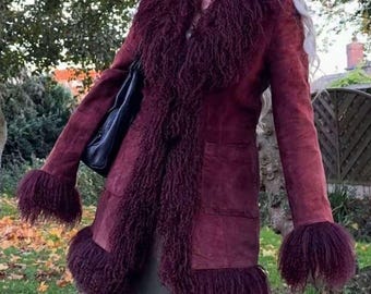 Womens Burgundy Penny Lane Suede Coat | Vintage Real Suede Afghan Faux Fur Trim Coat | 70s Boho Long Winter Coat