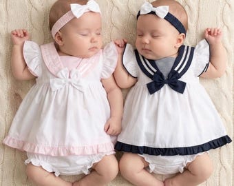 ベビーセーラードレスセット｜ピンク＆ネイビーのベビードレス｜双子お揃いの服｜手作りベビー服｜ヴィンテージスタイルのベビーガール服