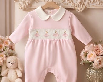 Tutina da ballerina rosa chiaro con ricami a mano – Classico stile spagnolo (0–9 mesi)