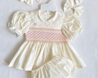 Baby Girls Smocked Dress Set with Bloomers and Bow. Traditional Spanish Style, Cream & Pink