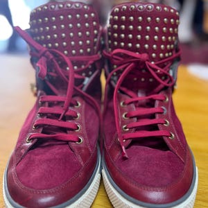 Vintage Versace Red Suede Studded High-Top Sneakers | Medusa Gold Hardware Italian Leather Size 46