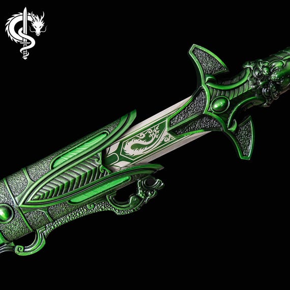 Hand Forged Green Sword, 1060 Carbon Steel Blade, Decorative Collectible Replica, Gifts for Him