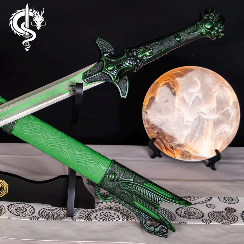 Spada verde forgiata a mano, lama in acciaio al carbonio 1060, replica decorativa da collezione, regalo per lui immagine 4