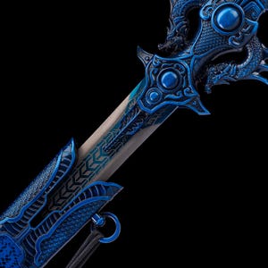 Handmade Blue Dragon Ninjato Katana, Full Tang Carbon Steel Collectible Sword, Blue Pattern