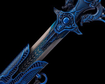 Katana Ninjato Drago Blu realizzata a mano, spada da collezione in acciaio al carbonio a codolo intero, motivo blu