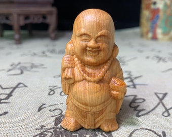Wood Happy Buddha Figurine Small Hand Carved Pocket Statue Meditation Desk Decor Spiritual Home Ornament