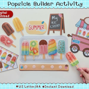 Pode incluir: Um conjunto de atividades de construção de picolés colorido com vários designs de picolés, um carrinho de sorvete em miniatura e a palavra "Summer". Disponível para download digital.