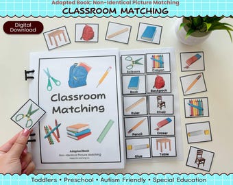 May include: A classroom matching activity book with various school supply illustrations. The book includes images of scissors, crayons, a backpack, a ruler, a pencil, and more. The text on the cover reads "Classroom Matching".