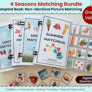May include: A bundle of four matching books, each with a different season theme: Winter, Autumn, Spring, and Summer. The covers feature seasonal images and the text "Matching". Includes matching picture cards. The text "Digital Download" is also visible.