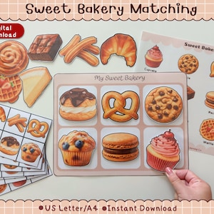 May include: A Sweet Bakery Matching digital download activity set featuring illustrated cutouts of pastries including a brownie, churros, croissant, waffle, and cupcake. The set includes a My Sweet Bakery board, a menu sheet, and a stack of matching cards.