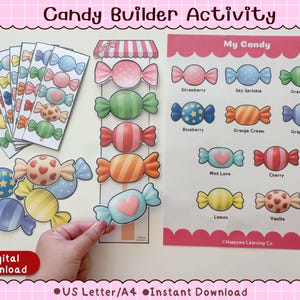 May include: A Candy Builder Activity set featuring colorful candy cutouts, a vertical candy assembly strip, and a My Candy reference sheet with labels like Strawberry, Sky Sprinkle, Green Apple, Blueberry, Orange Cream, Grape Candy, Mint Love, Cherry, Lemon, and Vanilla.