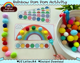 Rainbow Pom Pom Sorting Activity Printable for Toddlers Preschool Fine Motor Skills
