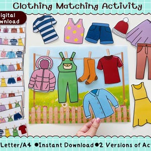 May include: A digital download clothing matching activity. The image shows various clothing items, including a striped shirt, overalls, and a pink jacket. The text "Clothing Matching Activity" and "Digital Download" are visible.