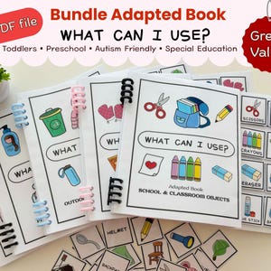 Op de afbeelding: Een bundel aangepaste boeken getiteld "WHAT CAN I USE?" voor peuters, kleuters en speciaal onderwijs. De boeken bevatten kleurrijke illustraties van school- en klaslokaalobjecten, met een rood "Great Value!" label.