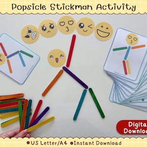 May include: Popsicle Stickman Activity set featuring a stack of cards with stick figure poses, a collection of colorful wooden craft sticks, and five circular emoji faces. The text reads Popsicle Stickman Activity, Digital Download, US Letter/A4, Instant Download.