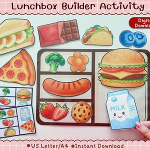 May include: A Lunchbox Builder Activity digital download featuring a brown tray with cutouts for food items including a sandwich, chocolate bar, taco, blueberries, pizza slice, broccoli, flower, sausage, burger, strawberries, cookie, and a milk carton.
