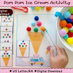 Activité crème glacée aux pompons, motricité fine, jeu d'association des couleurs (téléchargement numérique)