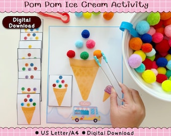 Pom Pom Ice Cream Activity, Fine Motor Skills, Color Matching Game (Digital Download)