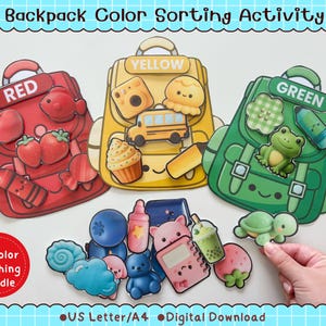 Puede incluir: Un conjunto de actividad de clasificación de colores con mochilas rojas, amarillas y verdes junto a objetos a juego como una manzana roja, un autobús escolar amarillo y una rana verde. Incluye un paquete de 12 colores con recortes para jugar.