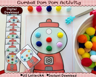 Gumball Pom Pom Activity Printable, Toddler Fine Motor Skills, Preschool Color Matching Game