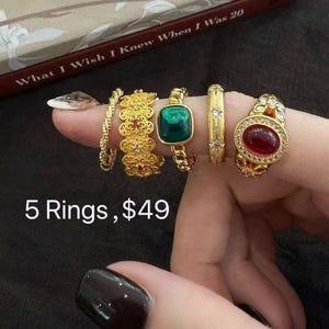 FIVE FOR ONE - Vintage Gold Plated Ring Set – Emerald, Ruby Gemstones, Stacked Jewelry,Adjustable Crystal Ring