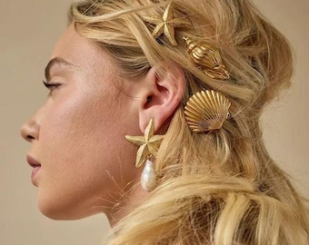 Gold Seashell Starfish Hair Clips, Beach Wedding Accessories Set