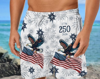 American 250th Anniversary Shorts, Eagle & Flag Swim Trunks, 1776-2026 Patriotic Beach Shorts, Independence Day Shorts, Summer Swimwear