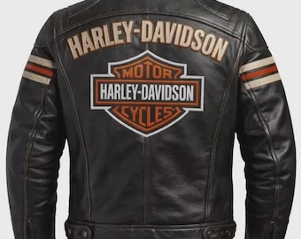 Harley-Davidson Herren schwarze Motorradjacke aus echtem Rindsleder - Klassische Biker Racing Ausrüstung mit gestreiften Ärmeln Geschenk für ihn