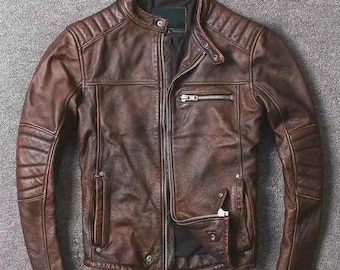 Giacca da motociclista Cafe Racer da uomo in vera pelle di pecora, marrone, regalo per lui