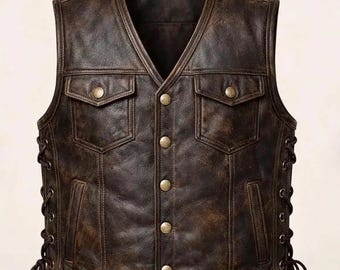 Gilet da motociclista vintage in pelle nera da uomo – Gilet da moto fatto a mano – Classico gilet da motociclista western, regalo per lui