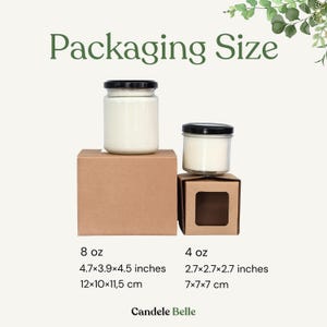 two jars of candle wax, one larger and one smaller, placed on top of cardboard boxes. The text provides the sizes of the jars and the boxes, along with the corresponding dimensions in inches.