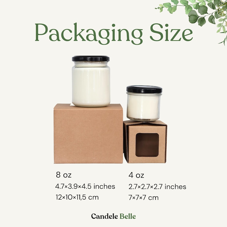 two jars of candle wax, one larger and one smaller, placed on top of cardboard boxes. The text provides the sizes of the jars and the boxes, along with the corresponding dimensions in inches.