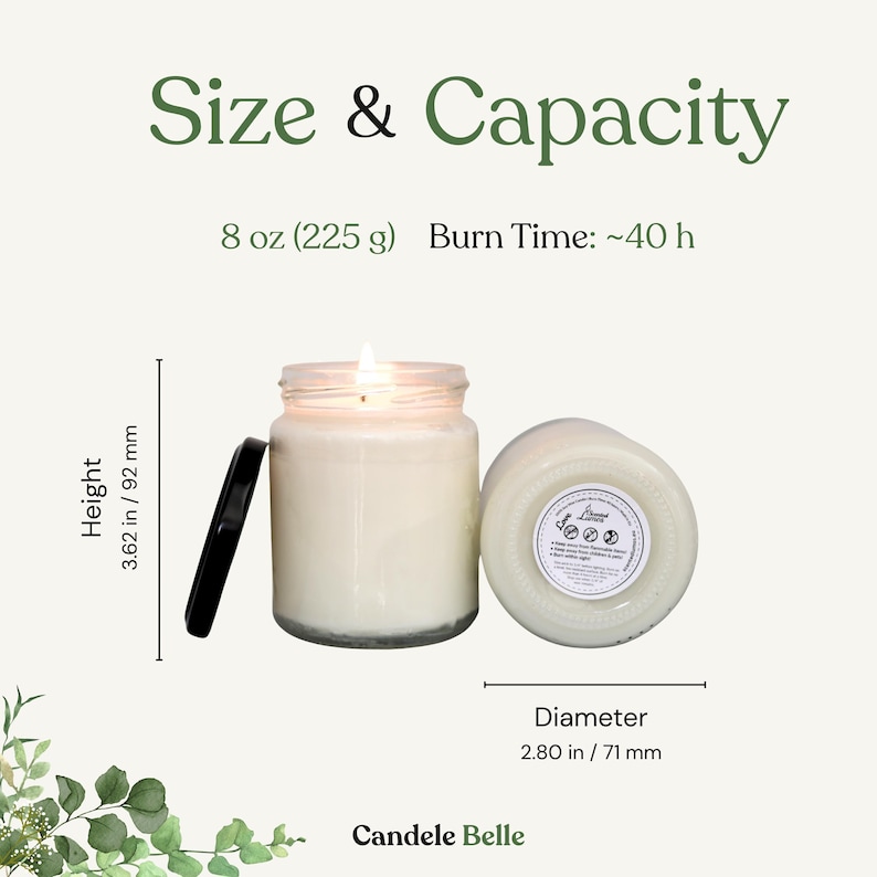 The image is a size and capacity advertisement for a candle. It features a candle in a jar and a label, along with dimensions and burn time information.