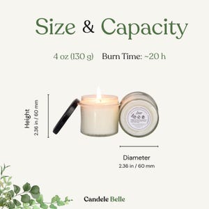 The image is a size and capacity chart for a candle, with dimensions and burn time provided.